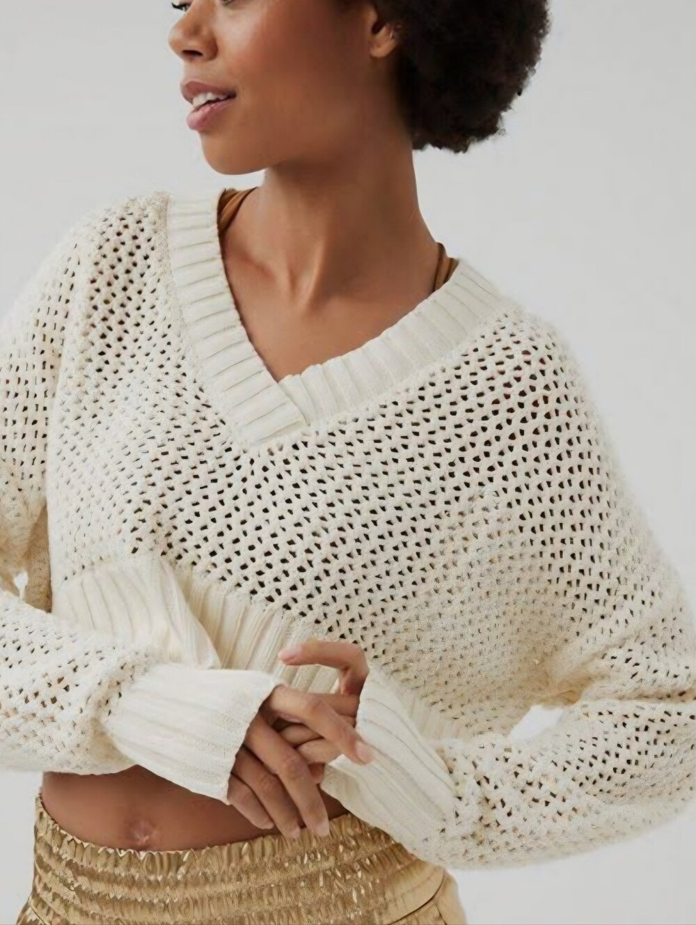 Cream Open Weave Knit V-Neck Cropped Sweater Size XL